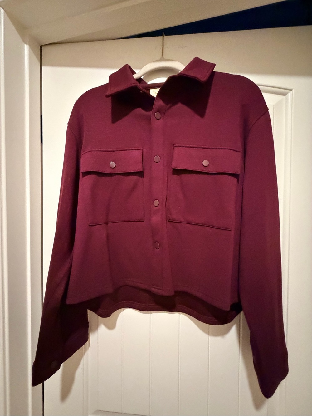 Cropped Button-Down Shirt Jacket in Wine
